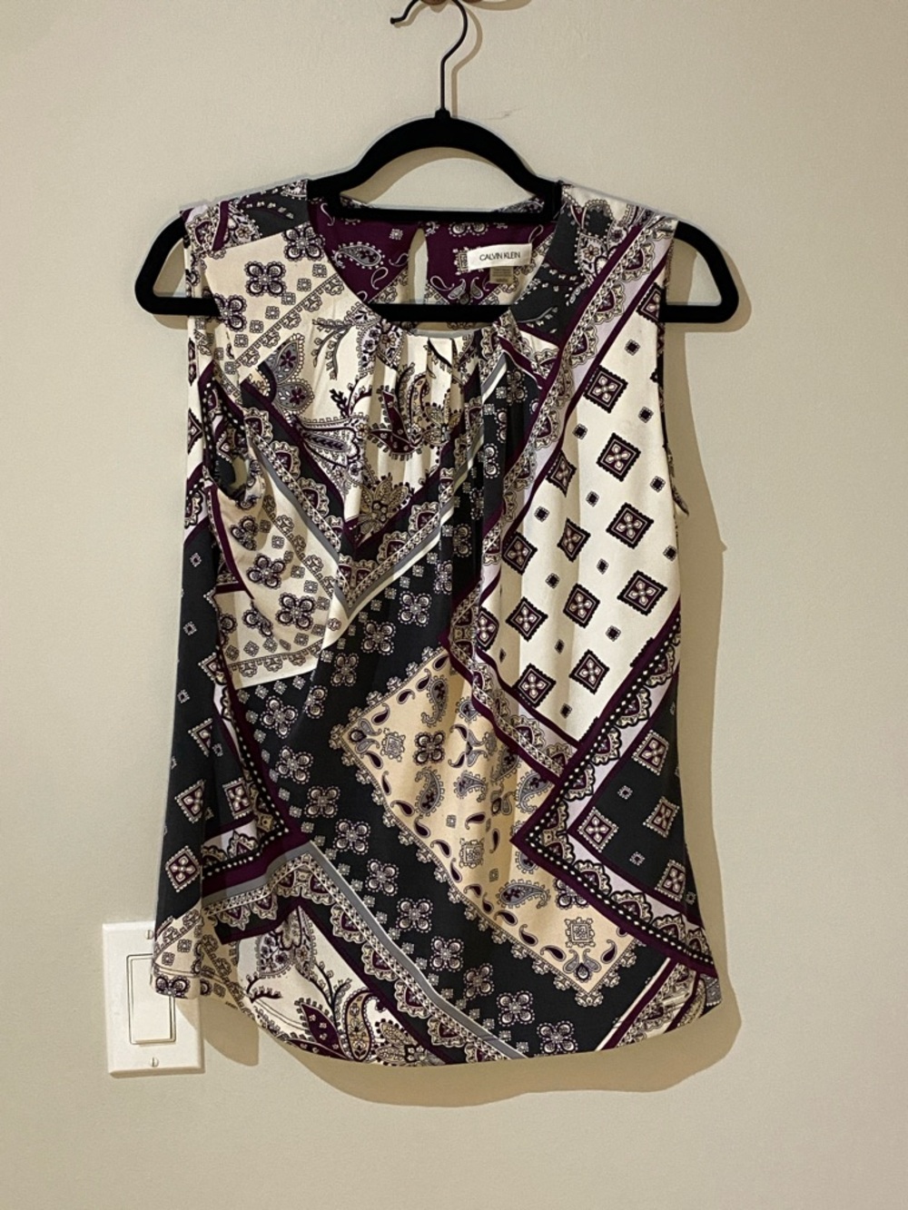 Calvin Klein Grey Cream and Plum Paisley Patchwork Sleeveless Blouse